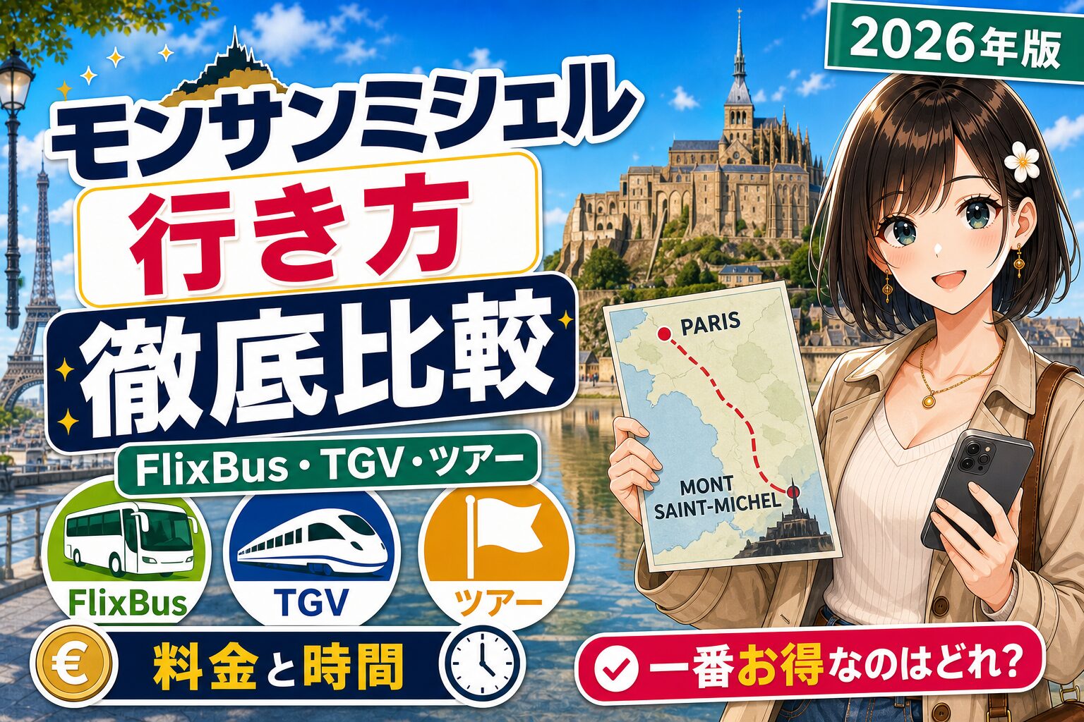 モンサンミシェルへの行き方をFlixBus・TGV・ツアーで比較する記事のサムネイル