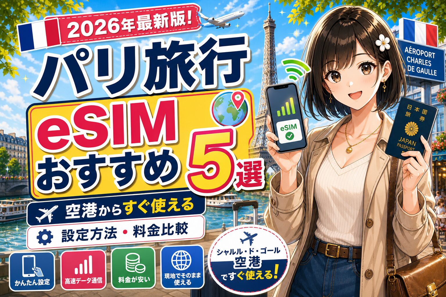 パリ・フランス旅行のeSIMおすすめ5選を紹介するサムネイル