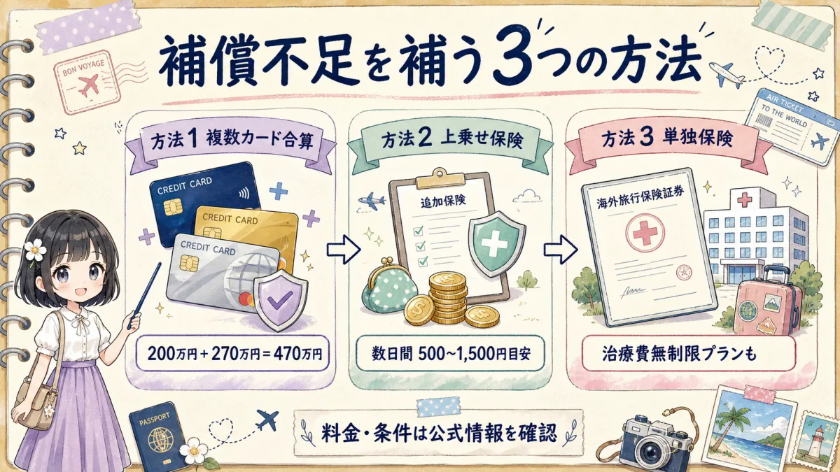 クレカ付帯保険の不足分を補う3つの方法を示す旅行ノート風図解