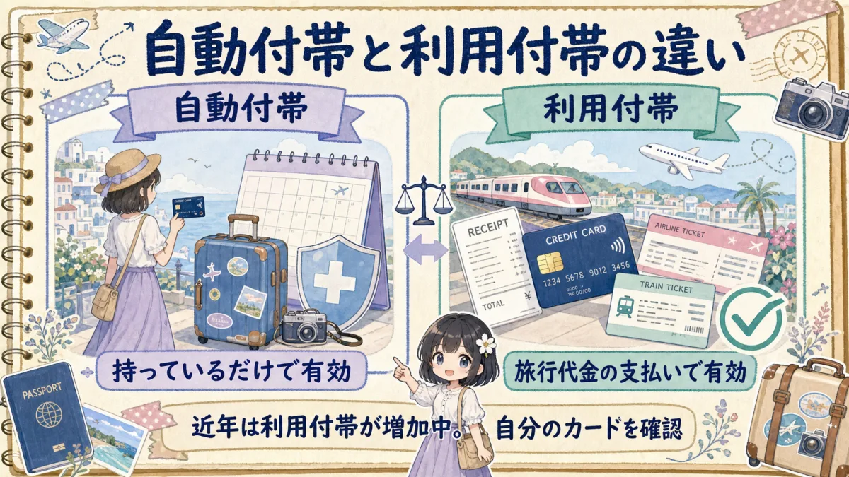 クレジットカード海外旅行保険の自動付帯と利用付帯の違いを示す旅行ノート風比較図