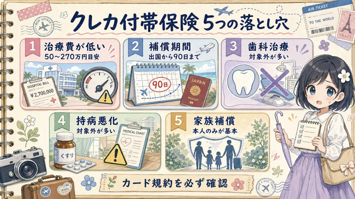 クレジットカード付帯海外旅行保険の5つの落とし穴をまとめた図解
