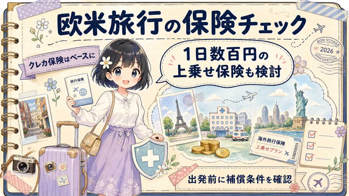 TofuMaruちゃんが欧米旅行前の上乗せ保険確認を案内するイラスト