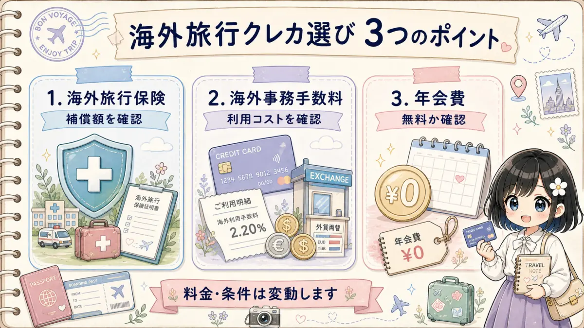 海外旅行用クレジットカード選びで見るべき保険・手数料・年会費の3つのポイント図解
