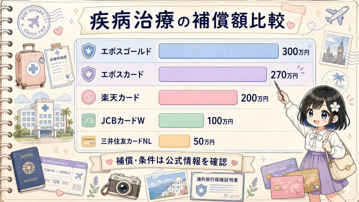 年会費無料カードの疾病治療補償額を比較する横棒グラフ