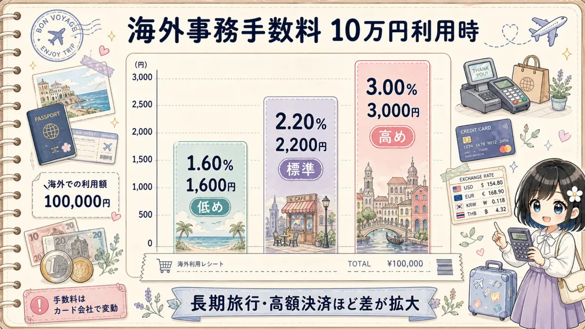 海外事務手数料の違いによる10万円利用時のコスト差の棒グラフ
