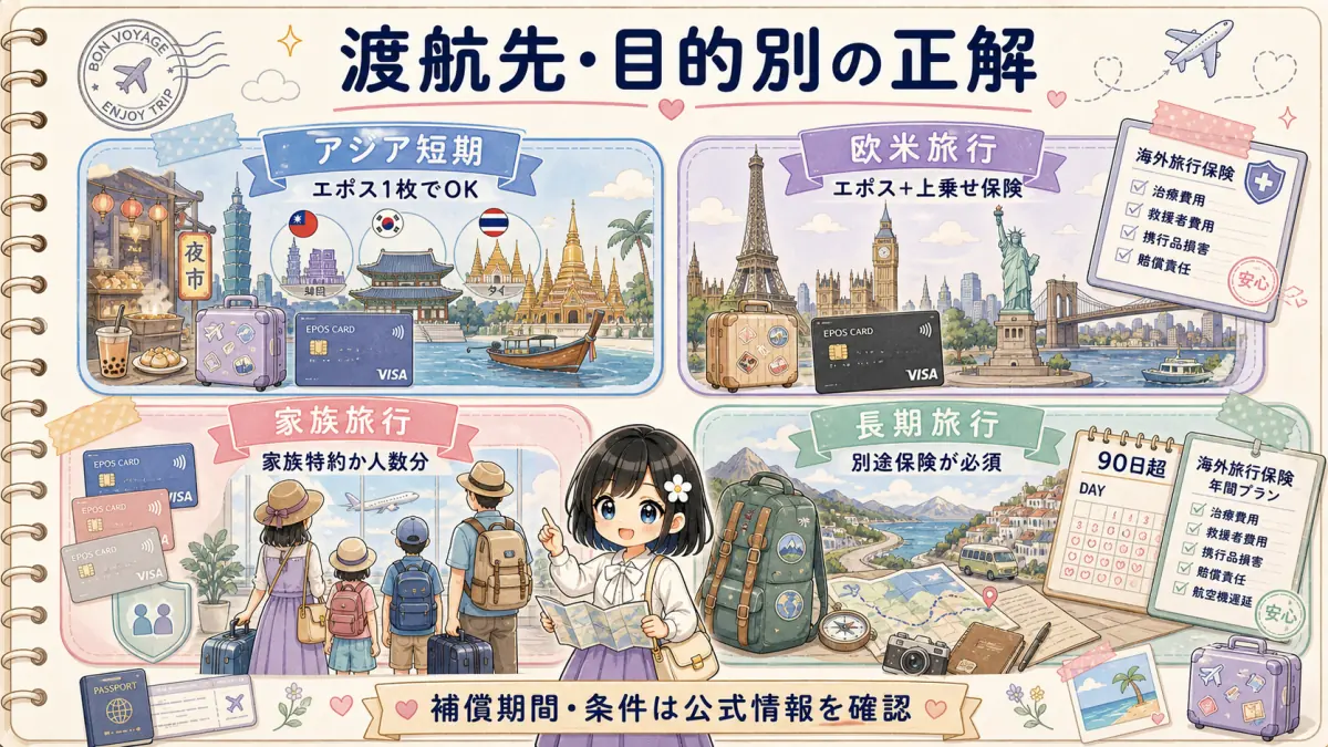 アジア短期旅行、欧米旅行、家族旅行、長期旅行ごとのおすすめカード対策図