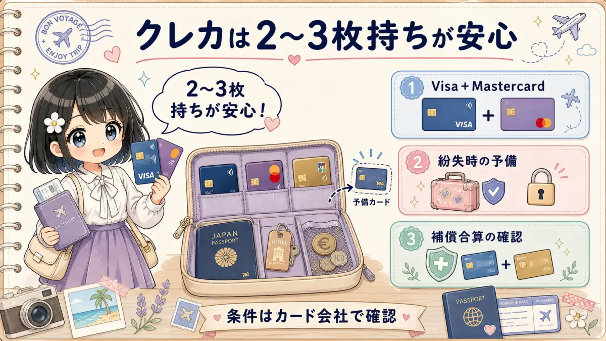 TofuMaruちゃんが海外旅行ではクレジットカードを2から3枚持つ安心感を説明するイラスト