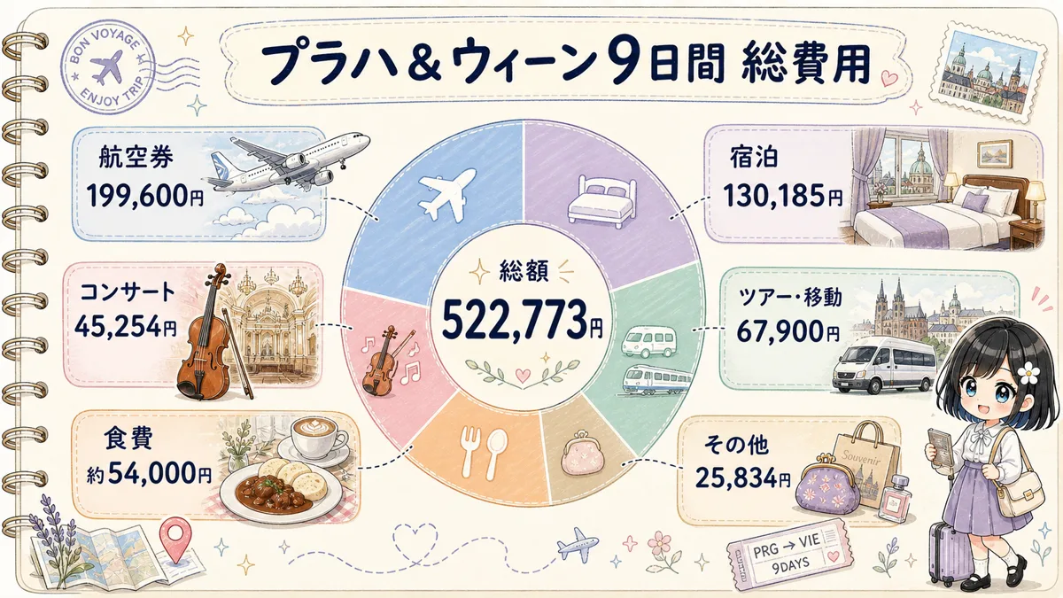 プラハとウィーン9日間一人旅の総費用522,773円の内訳図