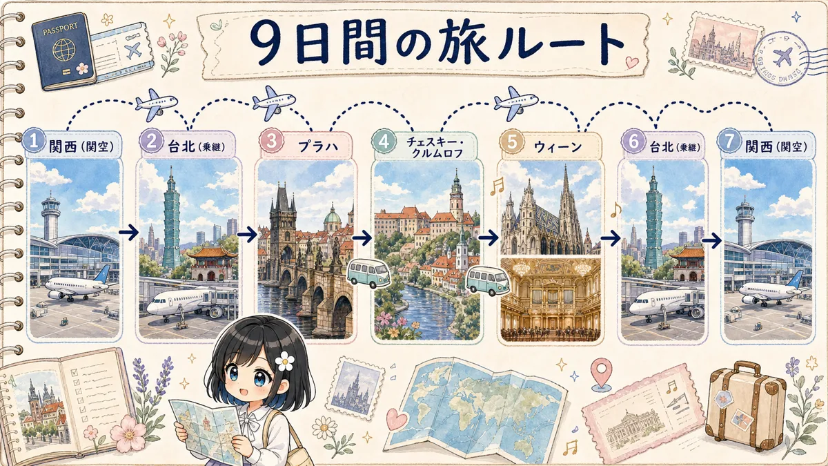 関空から台北、プラハ、チェスキークルムロフ、ウィーンを巡る9日間の動線図
