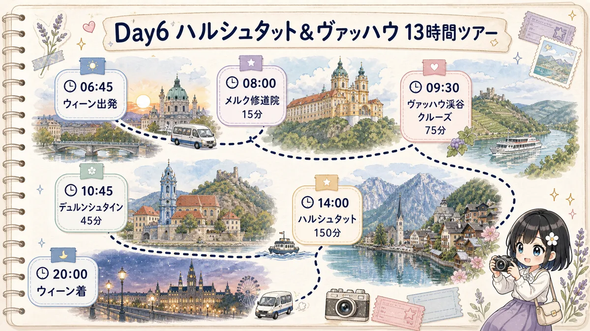 ハルシュタットとヴァッハウ13時間ツアーの時刻と滞在時間の図