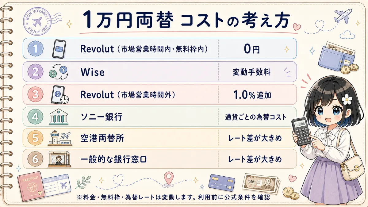 Wise、Revolut、ソニー銀行などで1万円を両替する際のコストの考え方