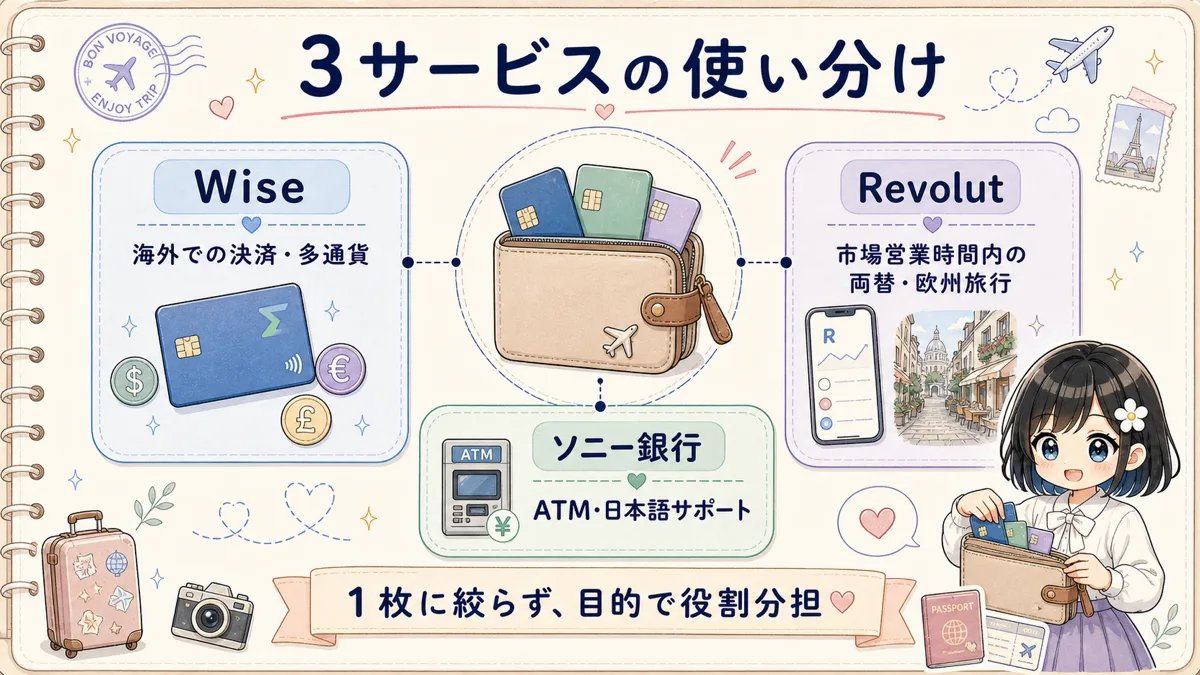Wise、Revolut、ソニー銀行を目的別に使い分ける例