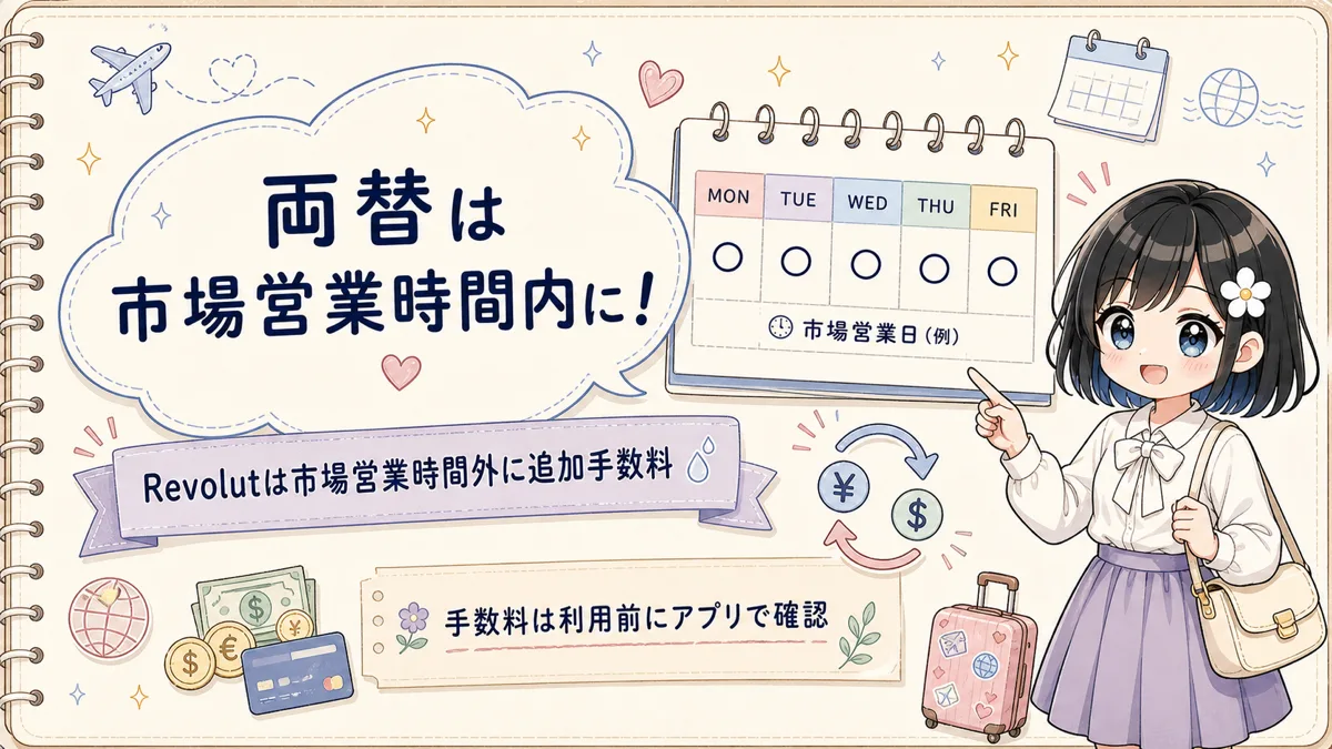 為替市場の営業時間内に両替するよう案内するキャラクター