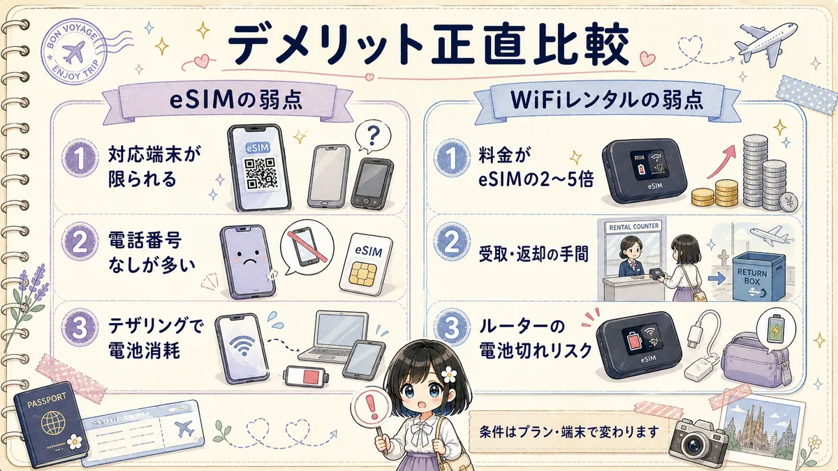 eSIMとWiFiレンタルそれぞれのデメリットを左右で比較した図解