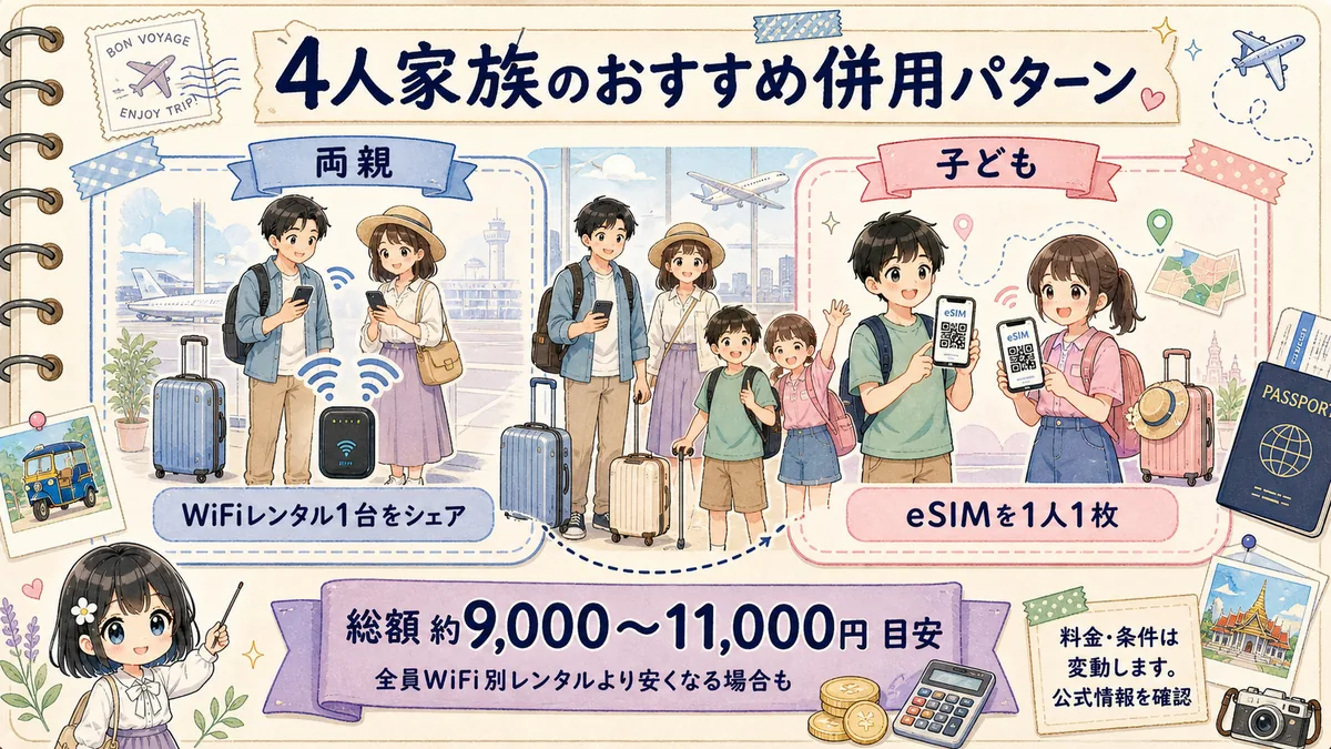 4人家族旅行で両親はWiFiレンタル、子どもはeSIMを使う併用パターン図解
