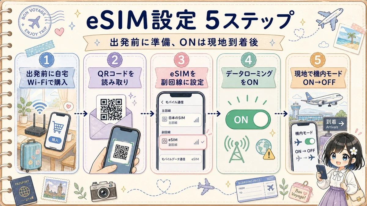 海外eSIMを出発前購入から現地到着後ONまで5ステップで設定する流れ