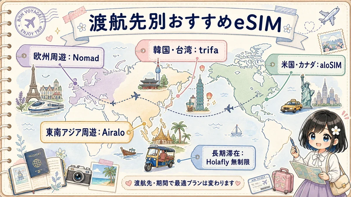 アジア欧州米国など渡航先別におすすめ海外eSIMを示す世界地図風図解