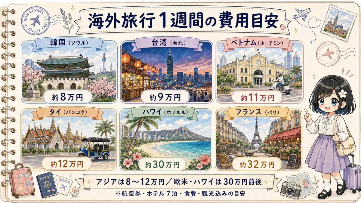 韓国、台湾、ベトナム、タイ、ハワイ、フランスの海外旅行1週間費用比較図