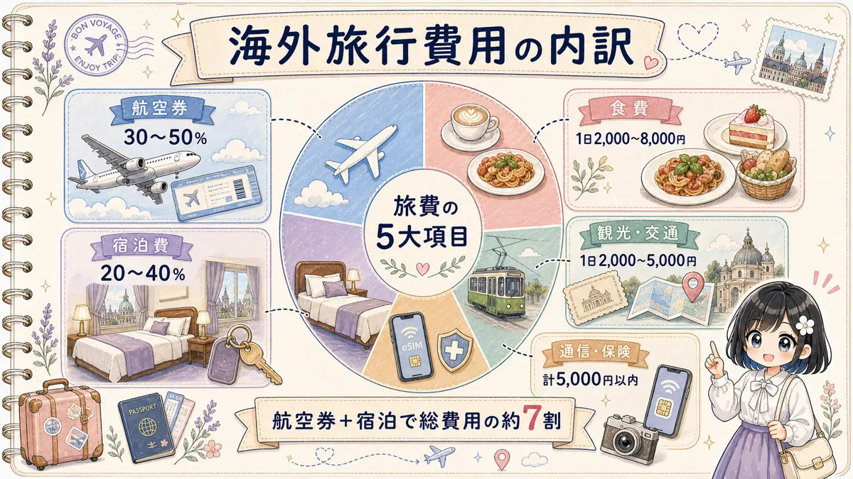 海外旅行費用を航空券、宿泊費、食費、観光交通、通信保険に分けた内訳図