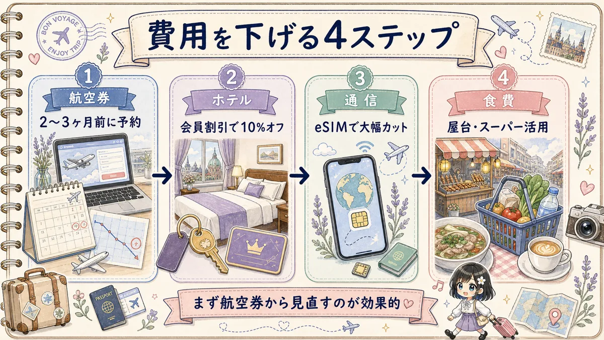海外旅行費用を航空券、ホテル、eSIM、食費の順で節約する4ステップ図