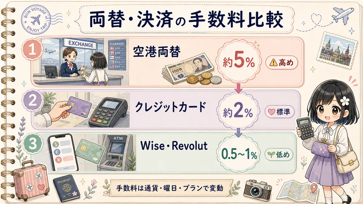 空港両替、クレジットカード、WiseやRevolutの手数料目安比較図