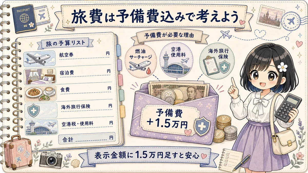 海外旅行予算に1万5千円の予備費を加えるよう案内するTofuMaruキャラクター