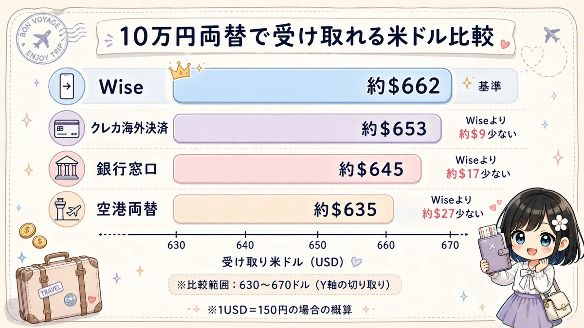 10万円を両替したときのWise・クレジットカード・銀行・空港の米ドル受取額比較