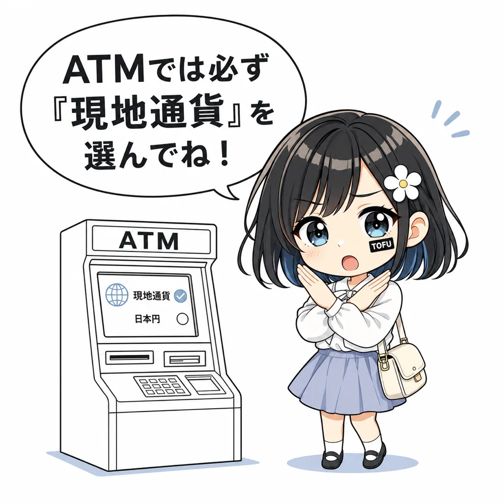 海外ATMでは日本円ではなく現地通貨を選ぶよう案内するTofuMaru