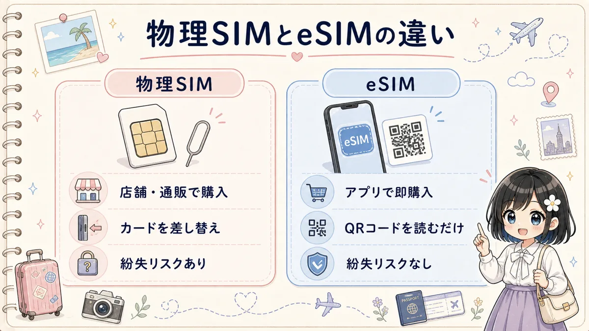 物理SIMとeSIMの購入方法、設定方法、紛失リスクの違い