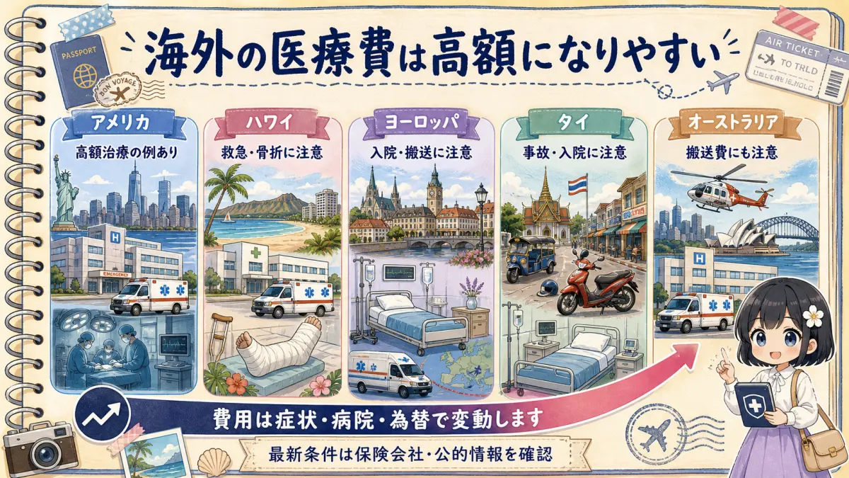 アメリカ、ハワイ、ヨーロッパ、タイ、オーストラリアの海外医療費リスクを示す図