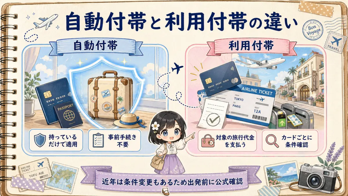 クレジットカード海外旅行保険の自動付帯と利用付帯の違いを示す比較図