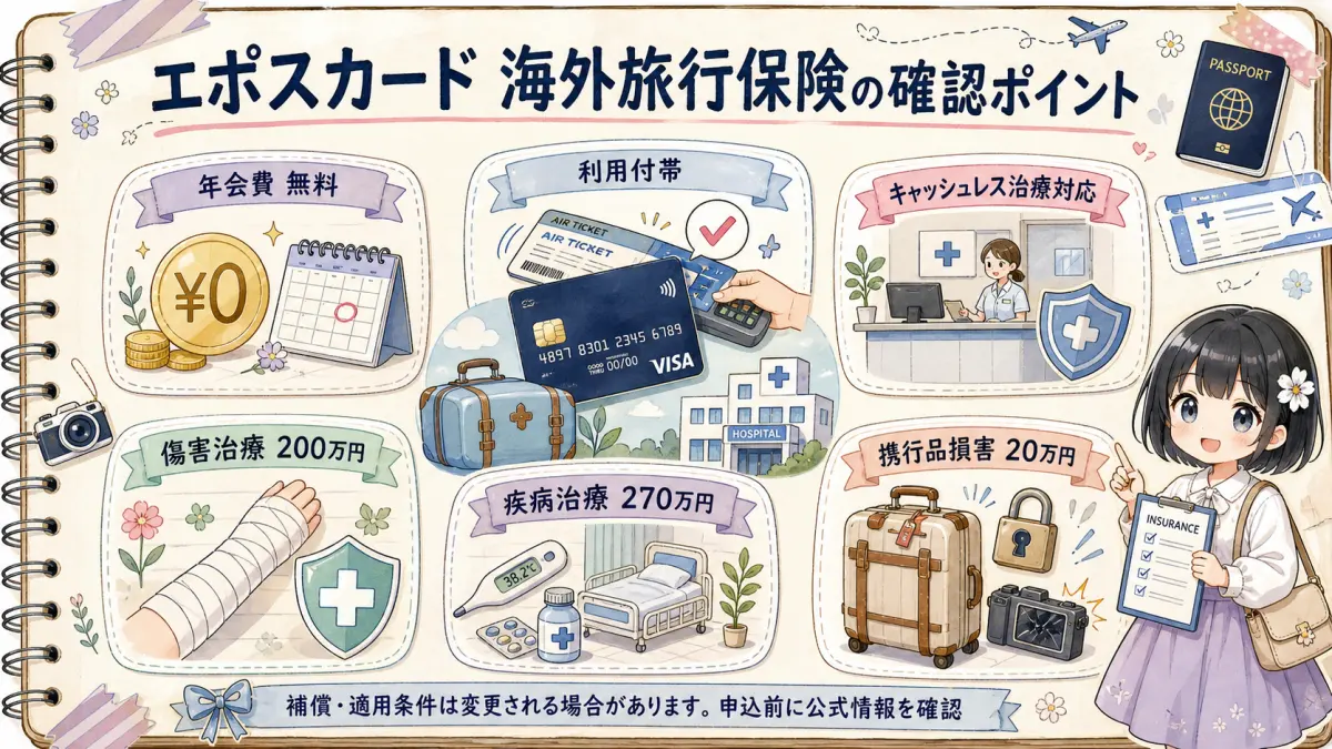 エポスカード海外旅行保険の利用付帯条件と主な補償額をまとめた図