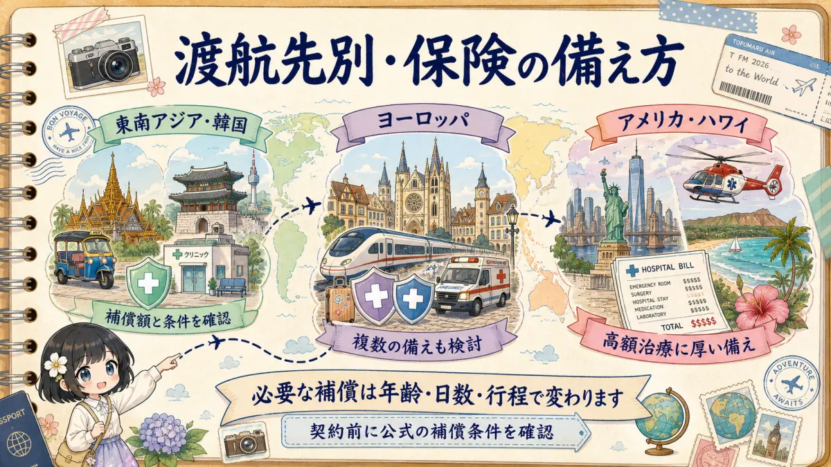 東南アジア・韓国、ヨーロッパ、アメリカ・ハワイの保険の備え方を示す地図