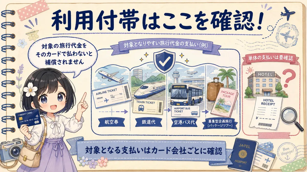 利用付帯で対象となる旅行代金の支払い条件を説明するTofuMaruちゃん