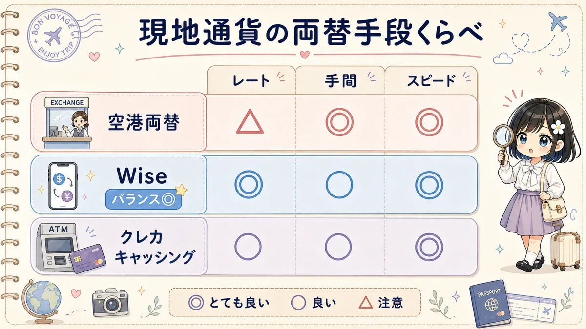 空港両替、Wise、クレジットカードキャッシングの比較