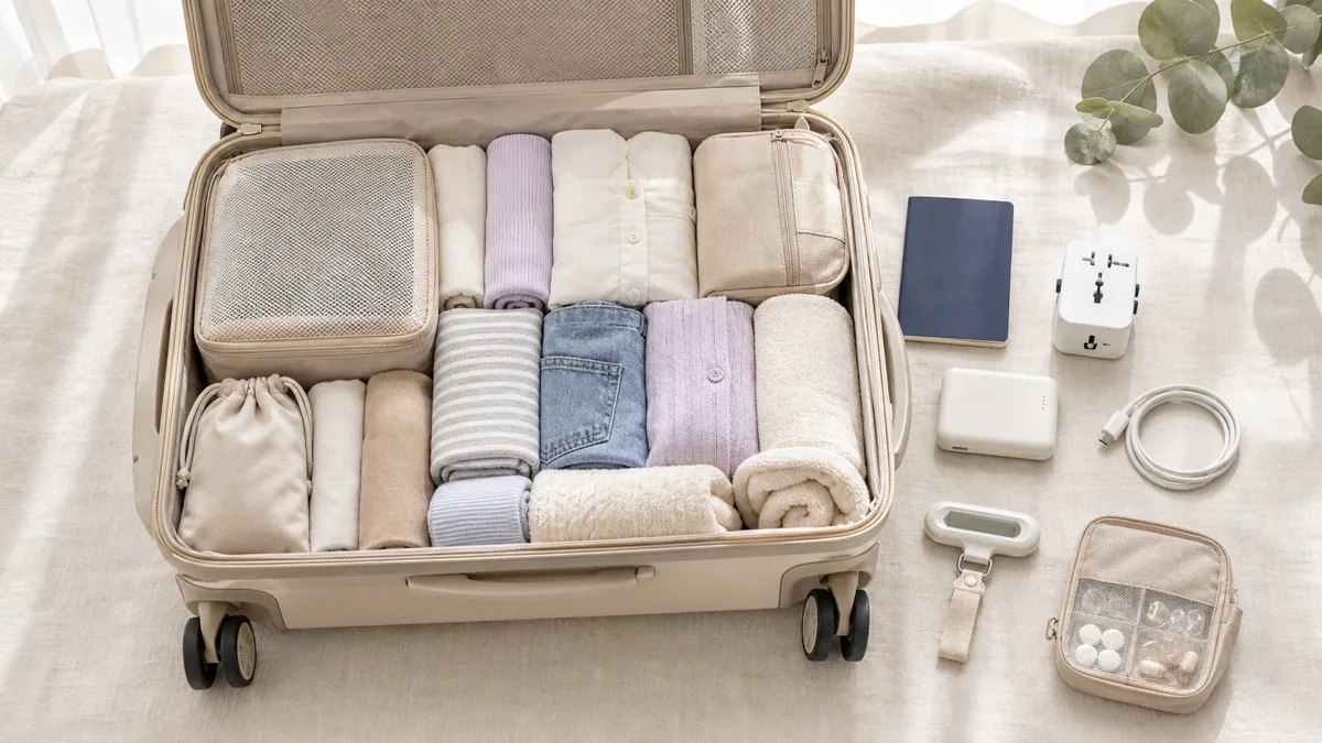 衣類や旅行用品を整理して詰めた海外旅行用スーツケース