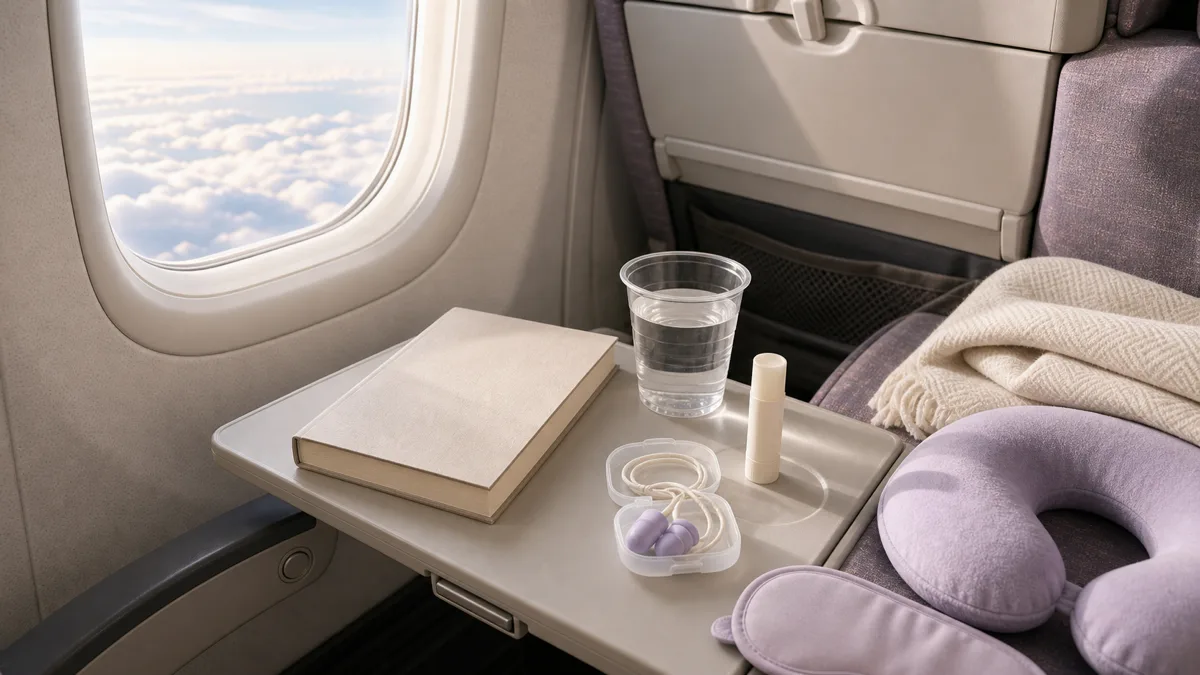 ネックピローやブランケットを用意した飛行機の窓側座席