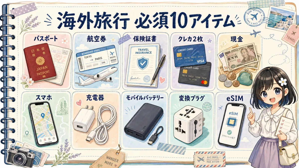 海外旅行で必須のパスポートや航空券など10アイテムの図解