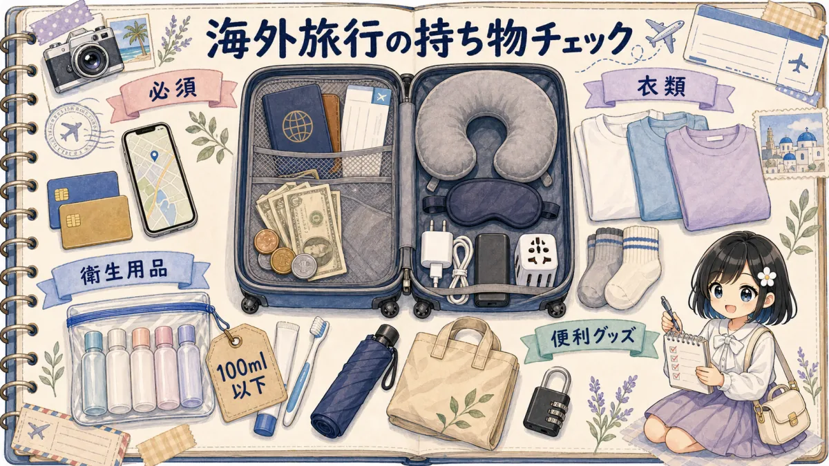 スーツケースと海外旅行の持ち物をカテゴリ別に並べたイラスト