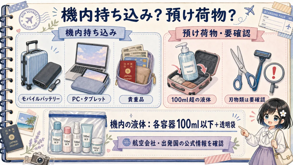 機内持ち込みと預け荷物の分け方と液体物ルールの図解