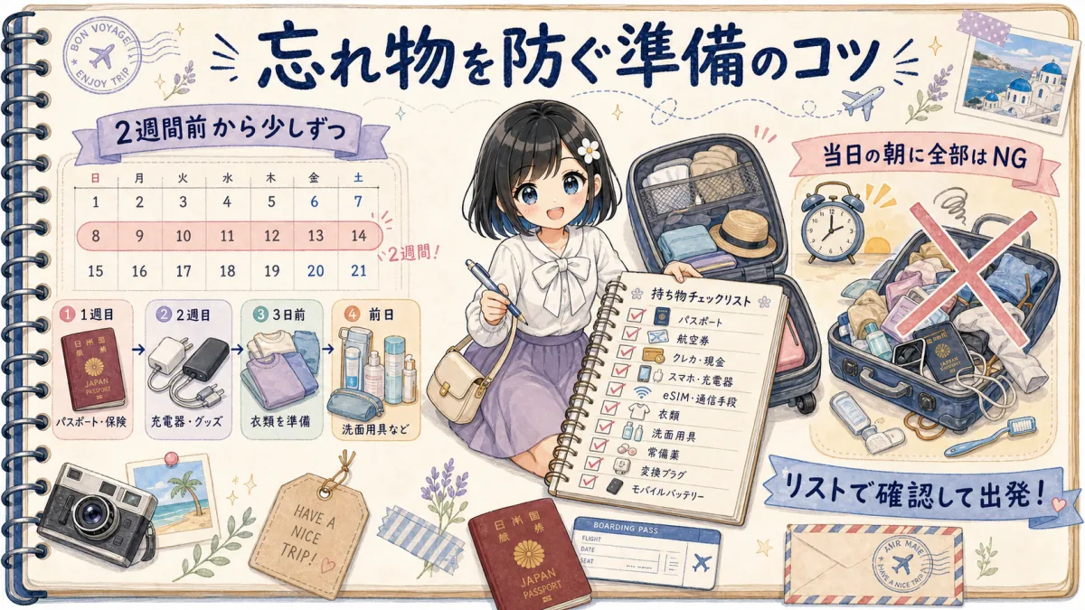 TofuMaruちゃんが2週間前からの旅行準備を案内するイラスト