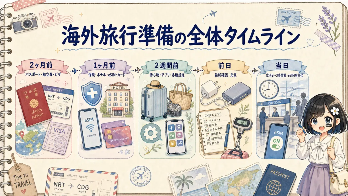 海外旅行準備を2ヶ月前から当日まで時系列で示した旅行ノート風タイムライン図