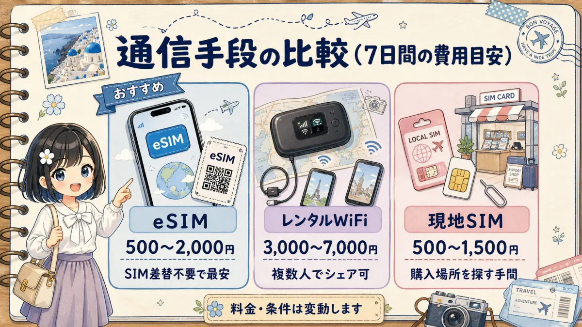 海外旅行の通信手段としてeSIM・レンタルWiFi・現地SIMを7日間費用目安で比較した図