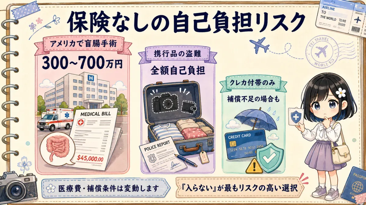 海外旅行保険なしの場合の医療費や盗難など自己負担リスクを示した図