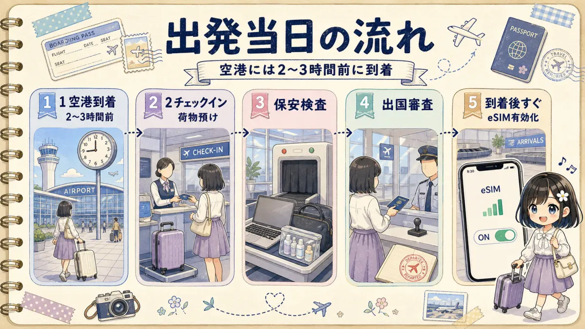 海外旅行出発当日の空港到着からチェックイン、保安検査、出国審査、eSIM有効化までの流れ