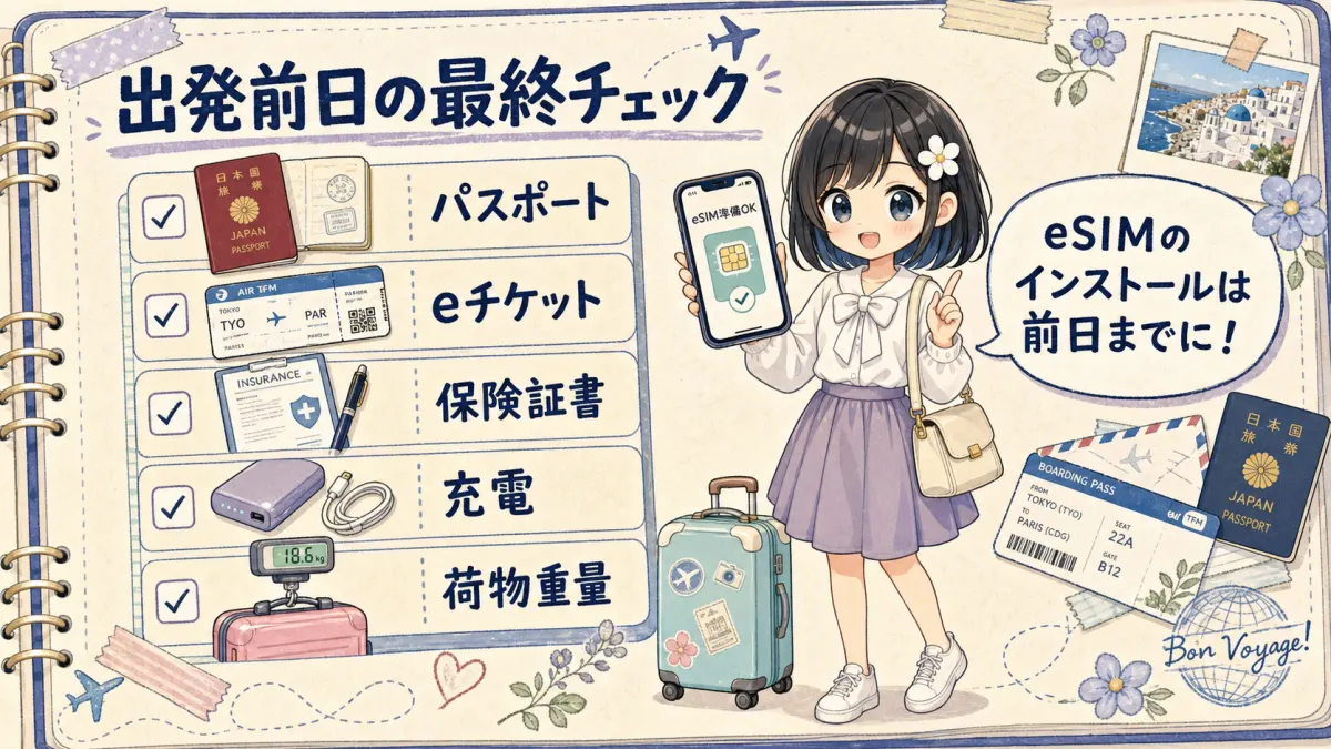 TofuMaruちゃんが海外旅行の出発前日にパスポートやeSIMなどを最終確認するイラスト