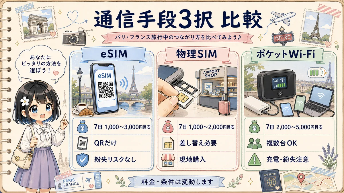 eSIMと物理SIMとポケットWi-Fiの比較図