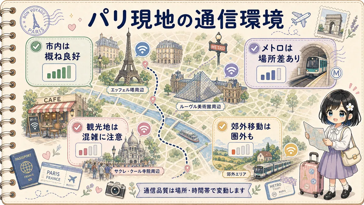 パリ市内とメトロや郊外移動の通信環境マップ