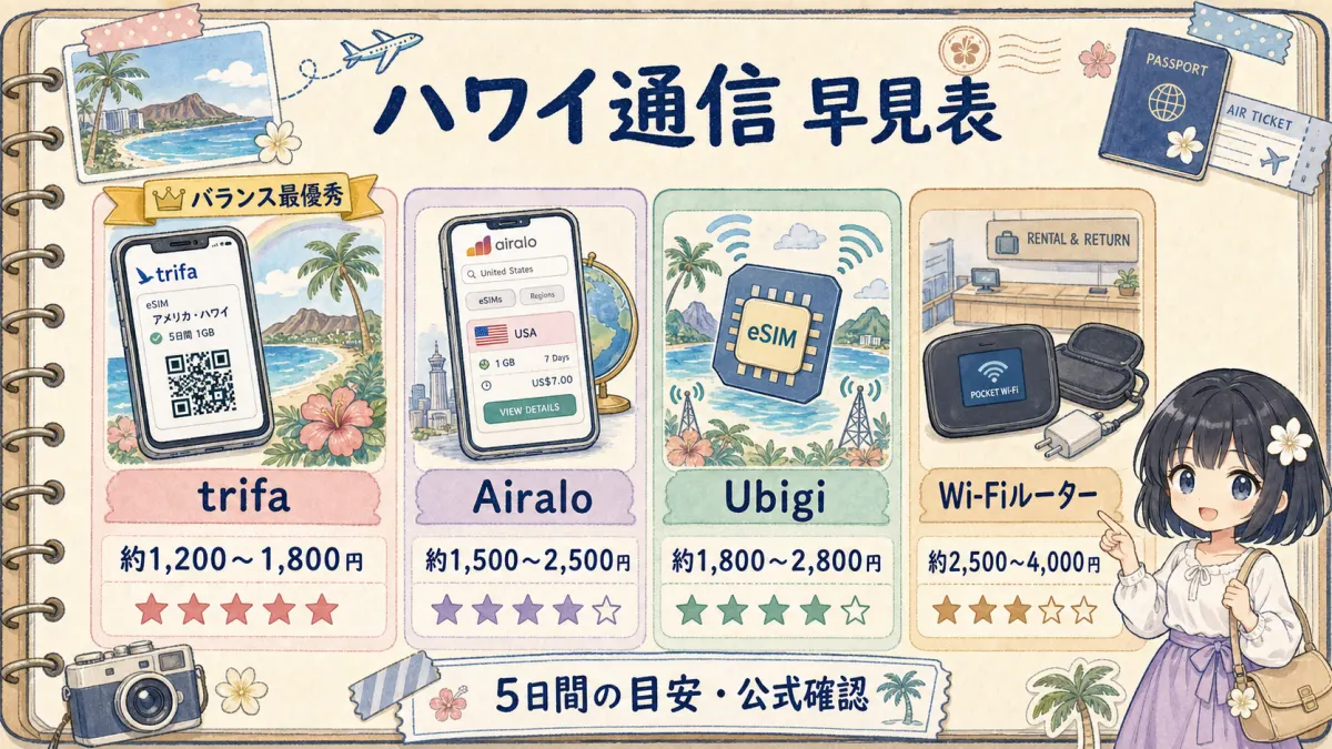 ハワイ向け通信手段の料金目安とおすすめ度を比較した早見表