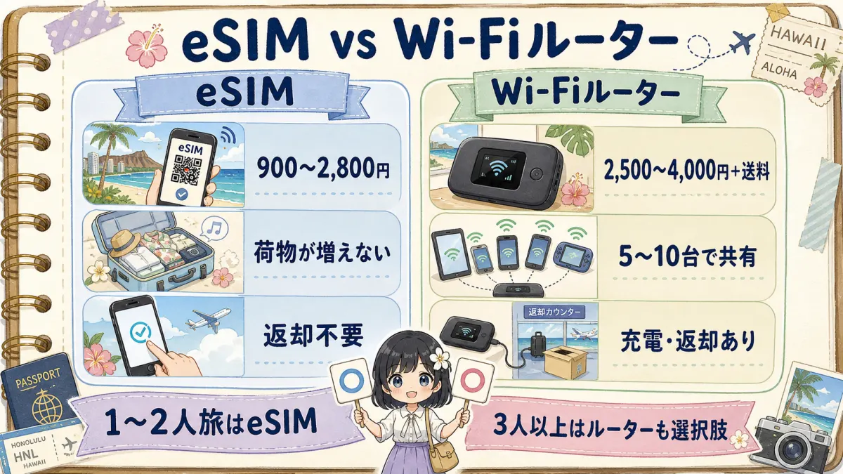 ハワイ旅行で使うeSIMとWi-Fiルーターの料金や手軽さの比較図